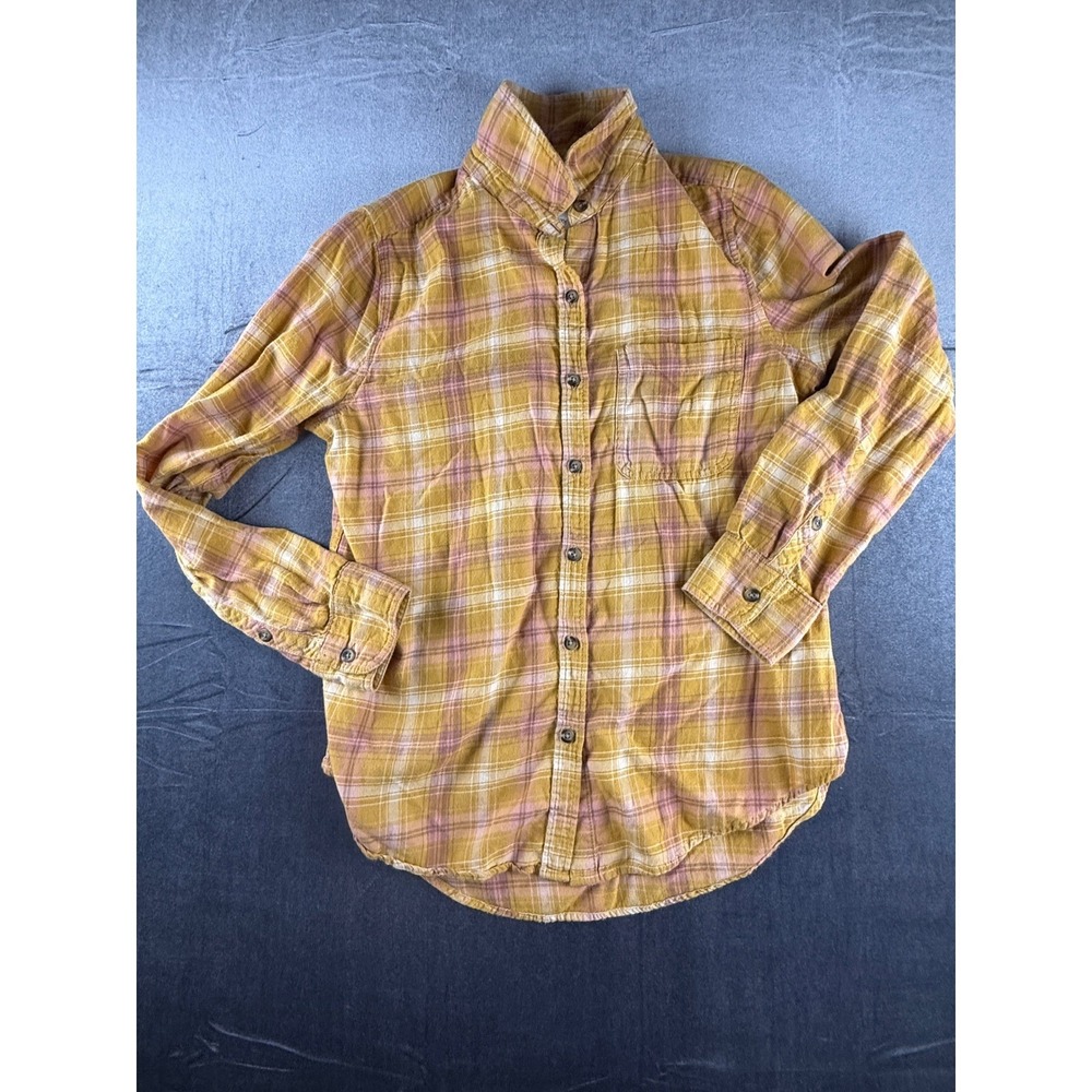 SO Cozy Flannel Shirt Womens Medium Mustard Yellow Pink Plaid Cotton Button Down
